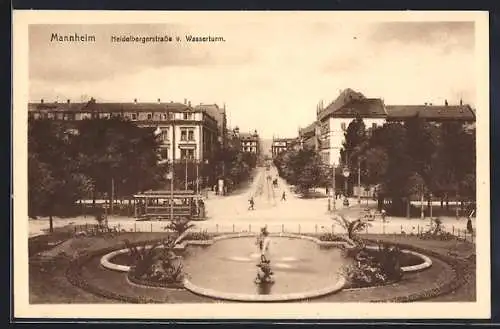 AK Mannheim, Heidelbergerstrasse vom Wasserturm, Ortsansicht mit Strassenbahn