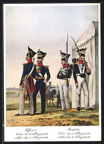 AK Uniformen der Oldenburgischen Infanterie um 1830, Offiziere und Soldaten vom 1. und 2. Regiment