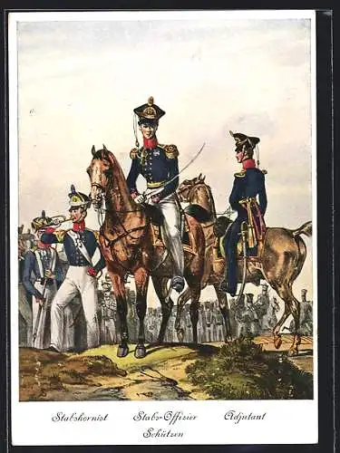 AK 125. Jubiläum der Oldenburgischen Infanterie, Regiments-Uniformen, Stabshornist, Stabs-Offizier, Adjutant