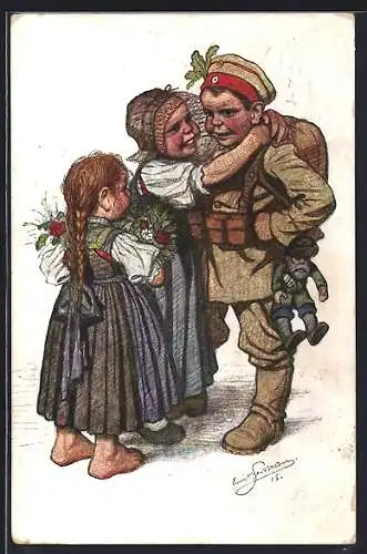 Künstler-AK Emil Beithan: Schwarzwälder Kinder in Trachten, Soldat kommt heim