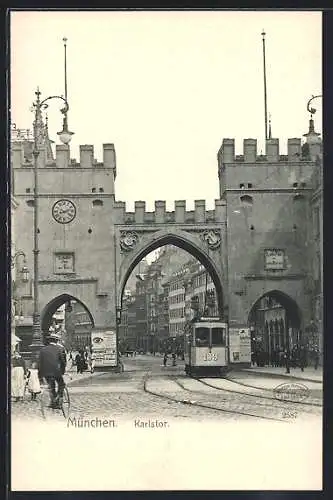 AK München, Strassenbahn am Karlstor