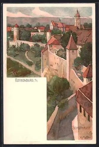 Künstler-AK Karl Mutter: Rothenburg / Tauber, Blick entlang der Stadtmauer