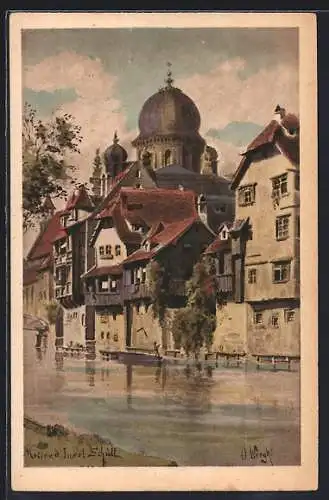 Künstler-AK Nürnberg, Insel Schütt mit Synagoge