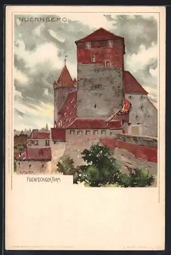 Künstler-Lithographie Karl Mutter: Nürnberg, Fünfeckiger Turm aus der Vogelschau