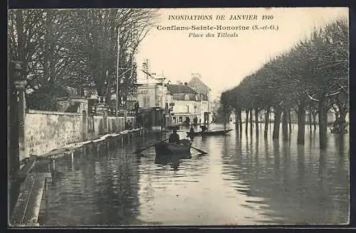 AK Conflans-Sainte-Honorine, Inondations de Janvier 1910, Place des Tilleuls