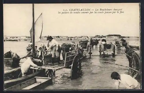 AK Chatelaillon, Les Boucholeurs chargent les paniers de moules amenés par les canots pousses par le flux