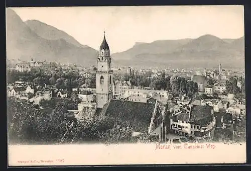 AK Meran, Stadtansicht mit Kirche vom Tappeiner Weg aus