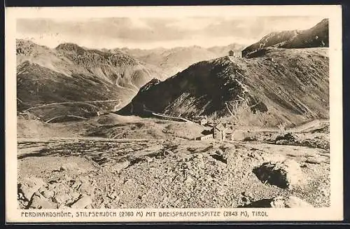 AK Stilfserjoch /Tirol, Ortsansicht mit Hotel Ferdinandshöhe u. Dreisprachenspitze