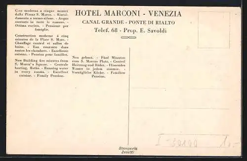 AK Venezia, Hotel Marconi, Prop. E. Savoldi, Canal Grande, Ponte di Rialto