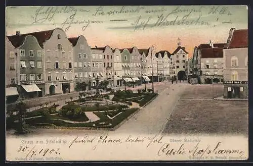 Lithographie Schärding, Blick zum Oberen Stadtplatz