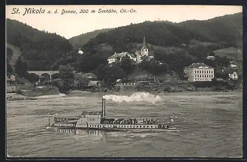 AK St. Nikola, Passagierschiff in Fahrt, Teilansicht des Ortes