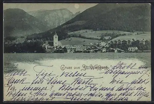 Mondschein-AK St. Wolfgang, Ortsansicht vom See aus