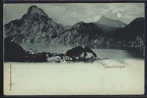 Mondschein-AK Traunkirchen, Ortsansicht am Bergsee