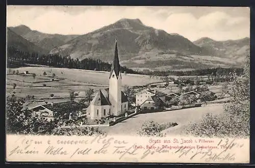 AK St. Jakob in Haus, Ortsansicht mit Kirche und Bergblick