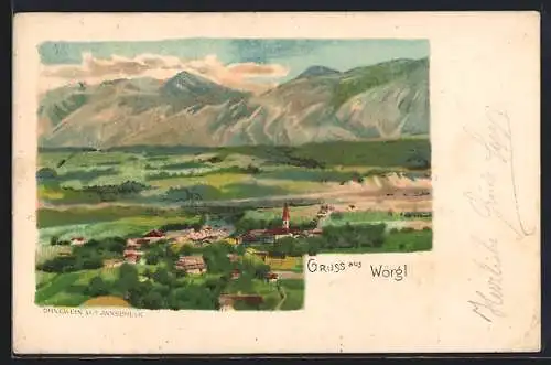 Lithographie Wörgl, Totalansicht gegen die Berge