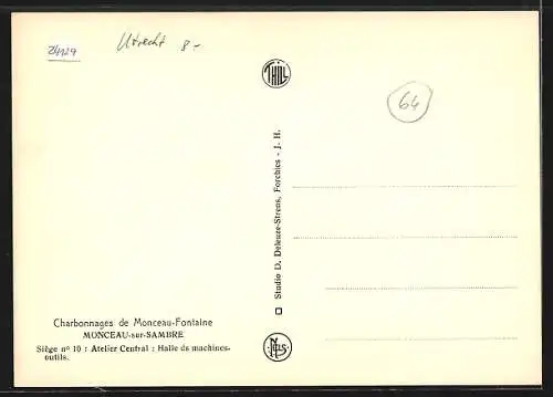 AK Monceau-sur-Sambre, Charbonnages de Monceau-Fontaine, siège no. 10, Atelier Central, halle des machines-outils