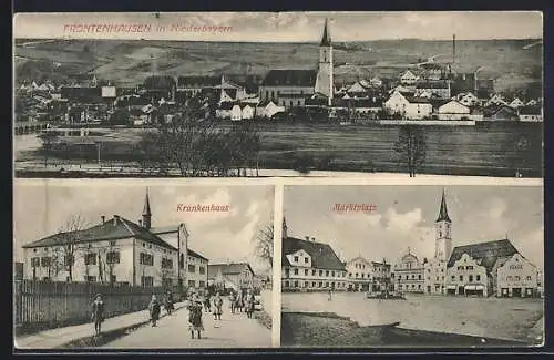 AK Frontenhausen / Niederbayern, Krankenhaus, Marktplatz, Ortspanorama mit Kirche