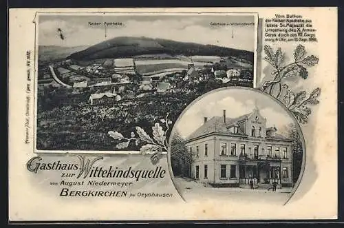 AK Bergkirchen /Oeynhausen, Gasthaus zur Wittekindsquelle A. Niedermeyer, Ortsansicht, Eichenlaub