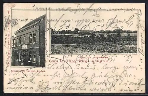 AK Happerschoss /Siegkreis, Gasthaus J. Linden, Ortspanorama von einem Feld aus