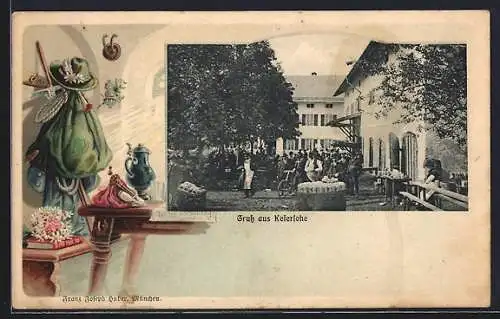 Lithographie Keferlohe, Gasthaus mit gut besuchtem Garten, Wanderrucksack mit Brotzeit