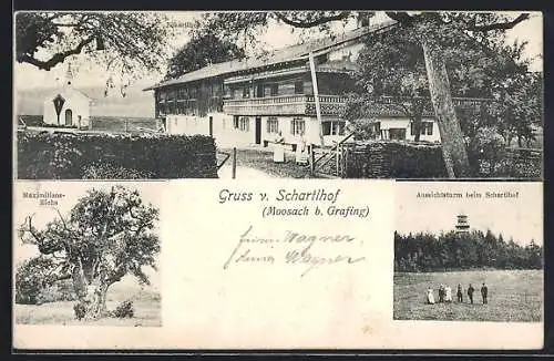 AK Moosach bei Grafing, Gasthaus Schartlhof mit Kapelle, Maximilians-Eiche, Aussichtsturm