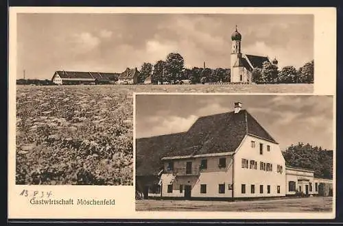 AK Möschenfeld, Gasthof, Ortspanorama mit Kirche