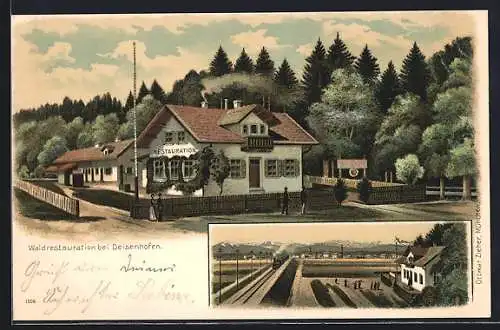 Lithographie Deisenhofen / Oberhaching, Waldrestauration und Eisenbahn