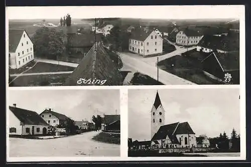 AK Eching /Freising, Strassenpartie, Kirche, Ortsansicht mit Kreuzung aus der Vogelschau