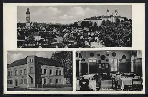 AK Freising, Gasthaus zur Eisenbahn mit Gastzimmer, Totalansicht aus der Vogelschau