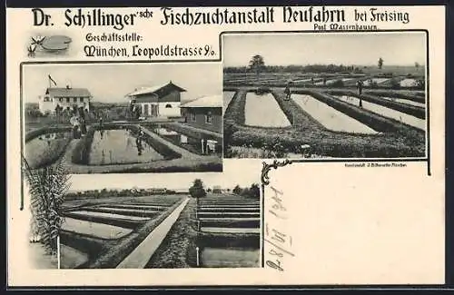 AK Neufahrn /Freising, Dr. Schillingersche Fischzuchtanstalt, Fischteiche, Gebäude-Ensemble