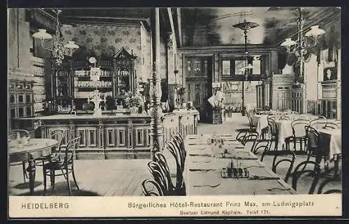 AK Heidelberg / Neckar, Bürgerliches Hotel-Restaurant Prinz Max, Am Ludwigsplatz, Innenansicht