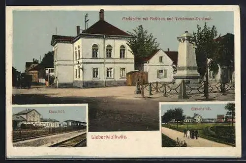 AK Liebertwolkwitz, Bahnhof, Gasanstalt und Marktplatz mit Rathaus