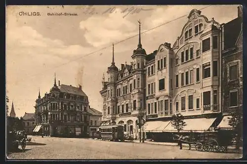 AK Ohligs, Bahnhof-Strasse mit Geschäften und Strassenbahn