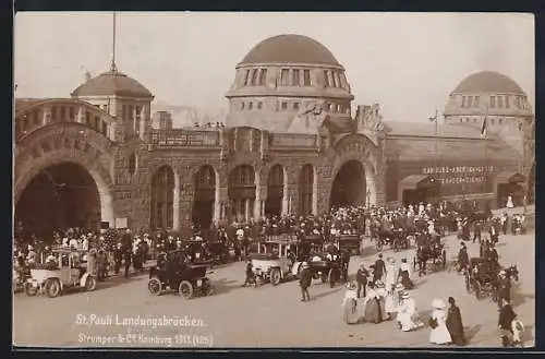 AK Hamburg-St. Pauli, St. Pauli Landungsbrücken, Hamburg-Amerika-Linie, Automobile u. Omnibus