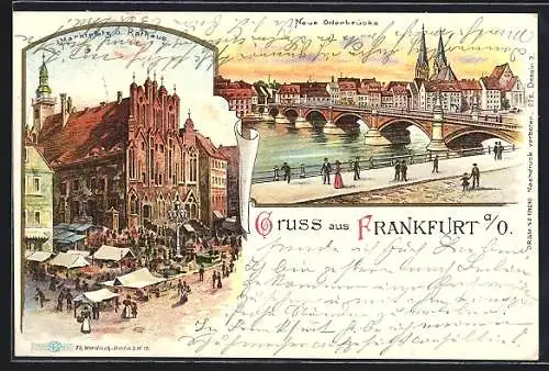 Lithographie Frankfurt a. O., Marktplatz u. Rathaus, Neue Oderbrücke mit Stadtpanorama