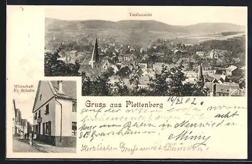 AK Plettenberg / Westfalen, Gasthaus Wirtschaft Fr. Schulte mit Strasse, Totalansicht