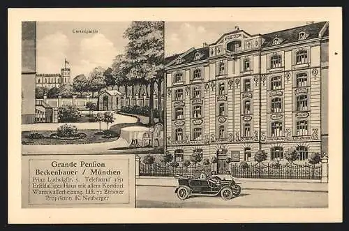 AK München, Grande Pension Beckenbauer v. K. Neuberger, mit Gartenpartie, Prinz Ludwigstrasse 5