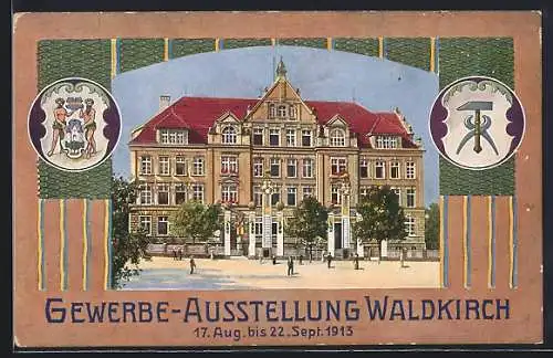 AK Waldkirch / Breisgau, Gewerbe-Ausstellung 1913, Ausstellungsgebäude, Wappen