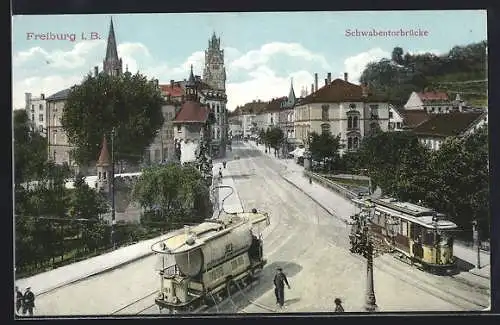 AK Freiburg / Breisgau, Schwabentorbrücke, Strassenreinigungs-Fahrzeug auf Schienen, Strassenbahn