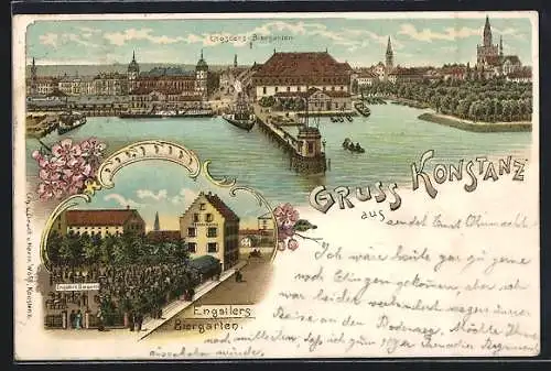 Lithographie Konstanz, Gasthaus Engstlers Biergarten und Uferpartie