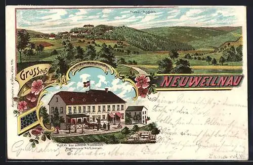 Lithographie Neuweilnau, Hotel zur schönen Aussicht v. Ad. Eckstein, Totalansicht