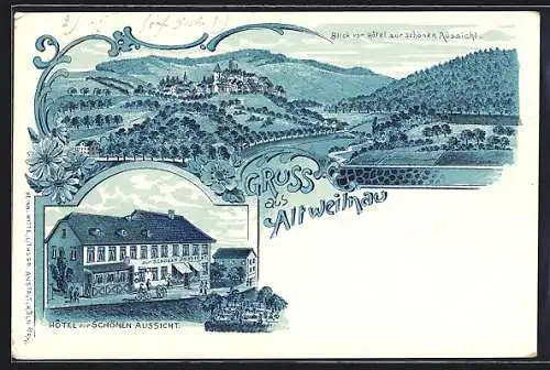 Lithographie Altweilnau, Hotel zur Schönen Aussicht, Totalansicht