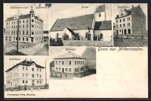 AK München-Milbertshofen, Tafelmaier`sches Gasthaus, Kirche, Feuerhaus, Schulhaus, Pfarrhof