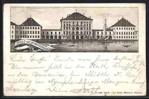 Vorläufer-Lithographie München, 1890, Blick auf das Schloss Nymphenburg