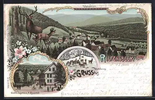 Lithographie Riefensbeek i. Harz, Gasthaus a. Klapprodt, Wildfütterung, Totalansicht