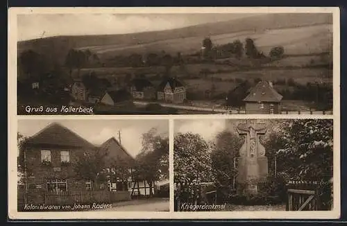 AK Kollerbeck, Kolonialwaren Johann Raders, Kriegerdenkmal, Ortsansicht