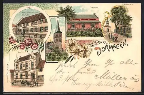 Lithographie Dormagen, Hotel-Restaurant Wwe. B. Leven, Post, Kirche, Krankenhaus