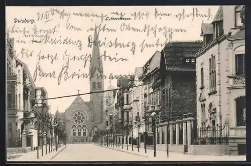 AK Duisburg, Lutherstrasse mit Kirche