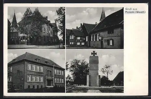 AK Polsum /Westf., Gebäudeansicht, Denkmal, Strassenpartie mit Kirche