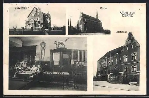 AK Derne / Dortmund, Pension Villa Flöte mit Innenansicht, Kirche, Amtshaus